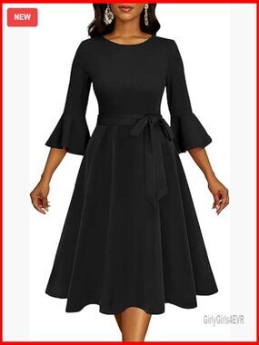 Plus Size Midi A-Line Dress with Pockets 3/4 Bell Sleeve V Neck